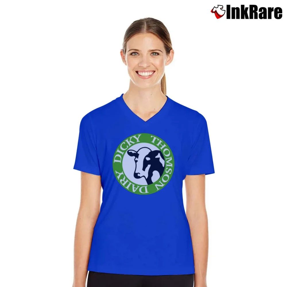 Women’s Letterkenny Dicky Thomson Dairy V-Neck Tee in royal blue | Chic Neckline, Soft Texture