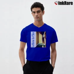 Men’s Letters To Cleo Parks And Recreation Aurora Gory Alice V-Neck Tee in royal blue | Sharp, Breathable, Everyday Staple