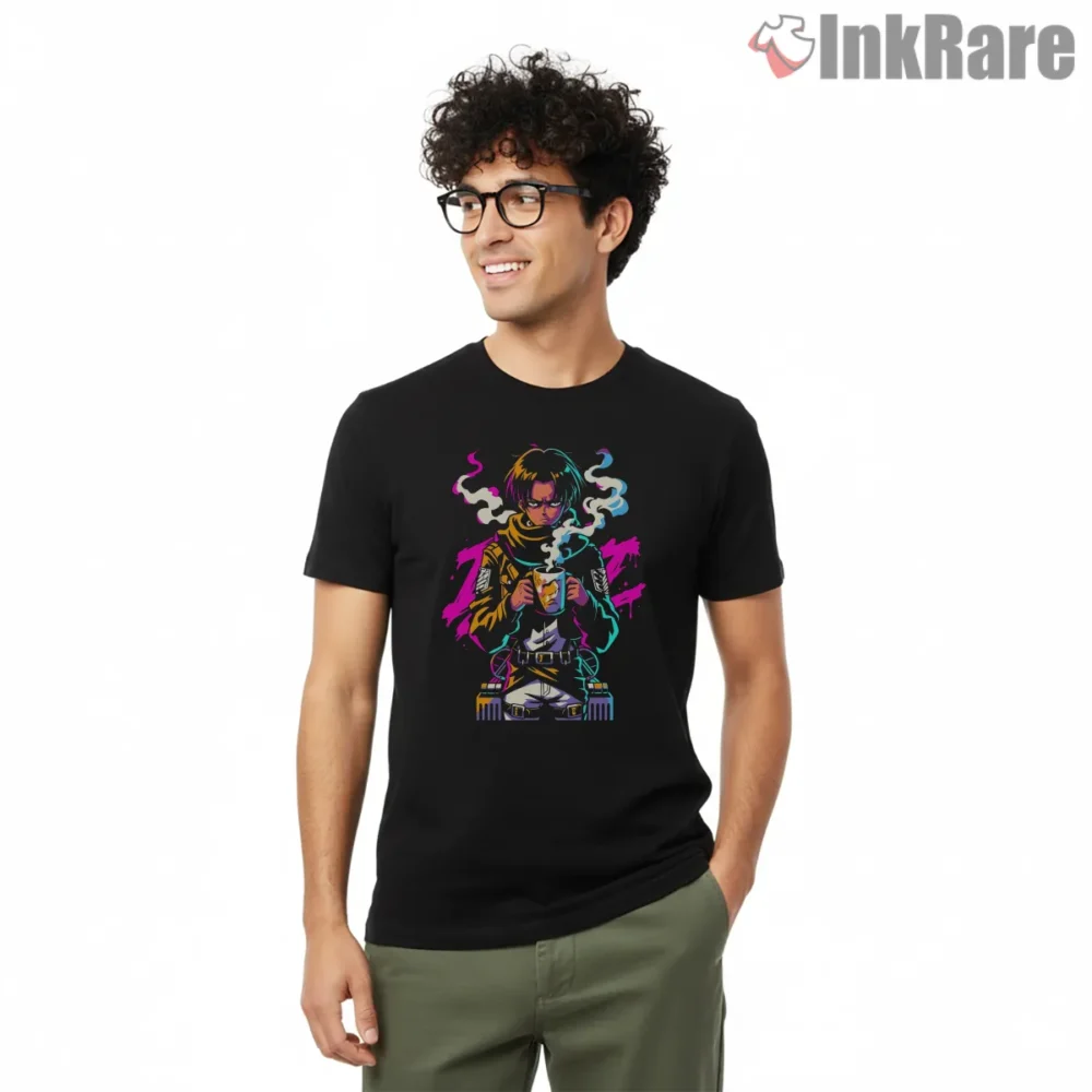 Levi Ackerman Coffee Break Vaporwave Shirt on black short sleeve shirt for men graphic tee