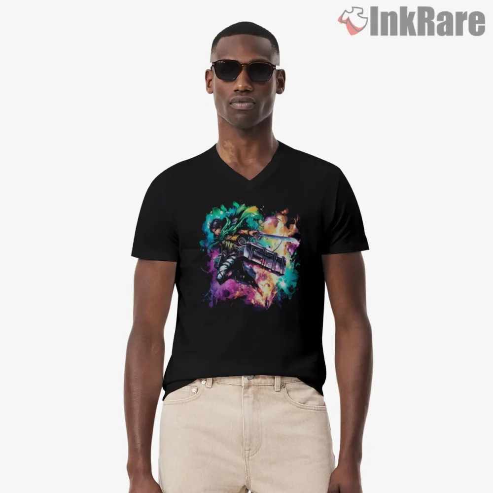Levi Ackerman Cosmic Slash Shirt on black v-neck shirt for men graphic tee
