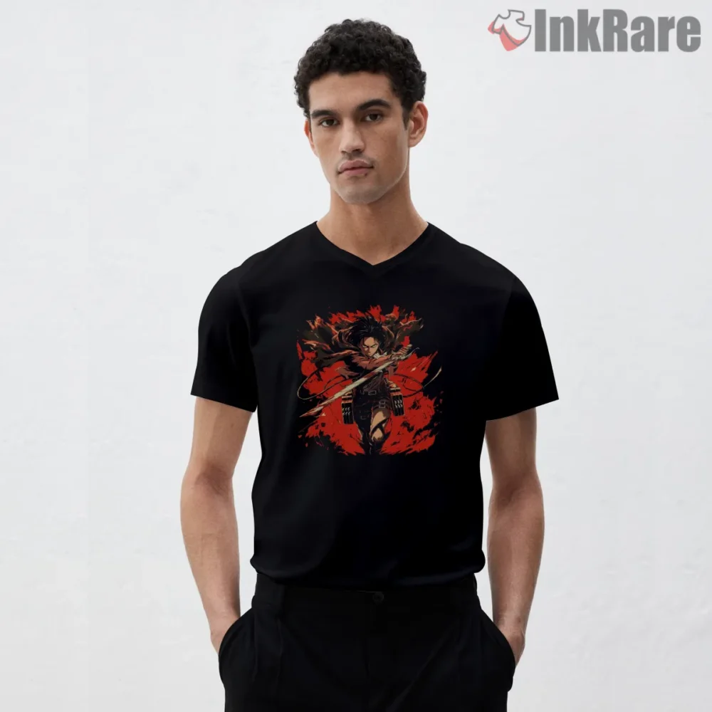 Levi Ackerman Crimson Storm Charge Shirt on black v-neck shirt for men graphic tee