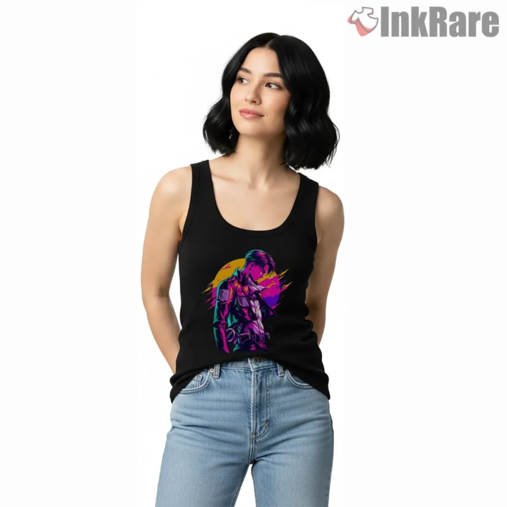 Levi Ackerman Cyberpunk Sunset Shirt on black tank top for women graphic tee