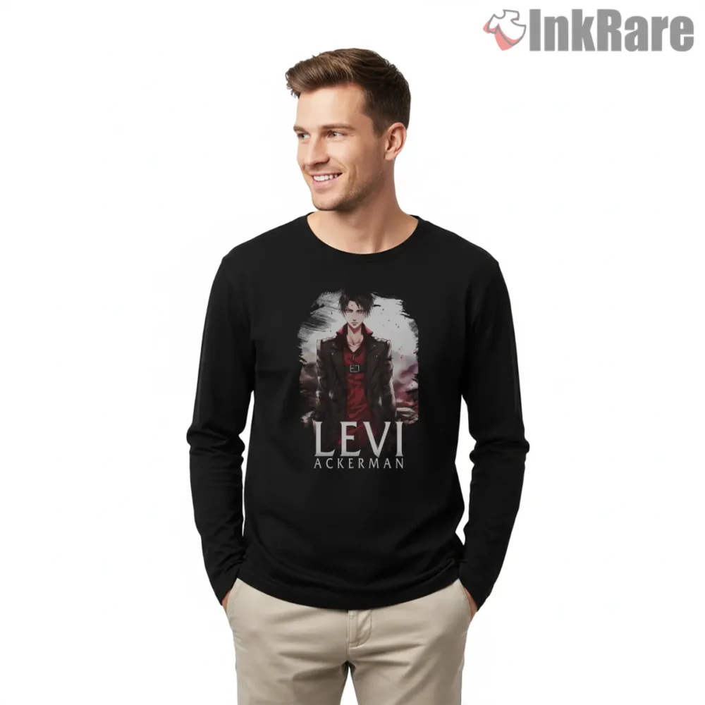 Levi Ackerman Dramatic Portrait Anime Shirt on black long sleeve shirt for men graphic tee
