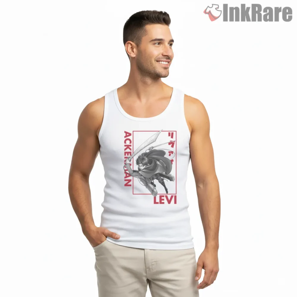 Levi Ackerman Dynamic Blade Strike Anime Shirt on white tank top for men graphic tee