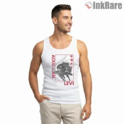 Levi Ackerman Dynamic Blade Strike Anime Shirt on white tank top for men graphic tee