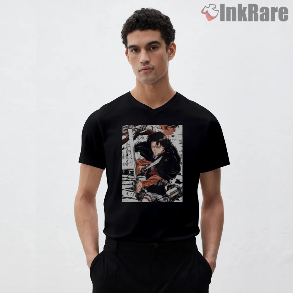 Levi Ackerman Manga Panel Battle Shirt on black v-neck shirt for men graphic tee