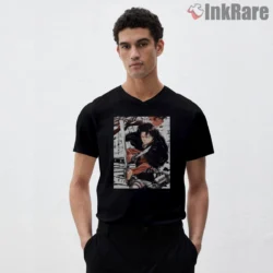 Levi Ackerman Manga Panel Battle Shirt on black v-neck shirt for men graphic tee