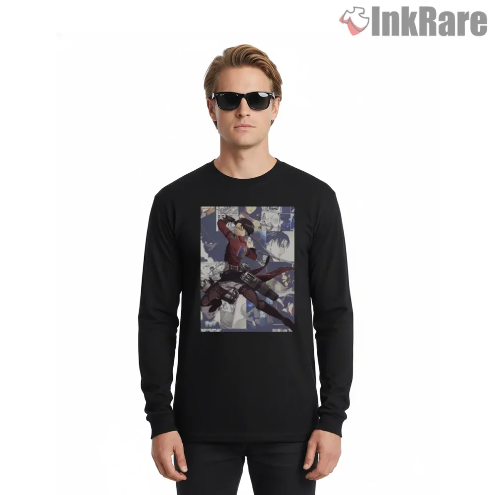 Levi Ackerman Mid Air Strike Shirt on black long sleeve shirt for men graphic tee