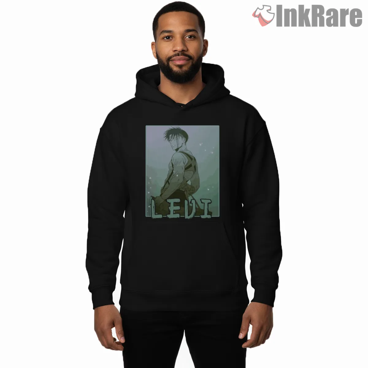 Levi Ackerman Misty Monochrome Portrait Shirt on black hoodie for men graphic tee