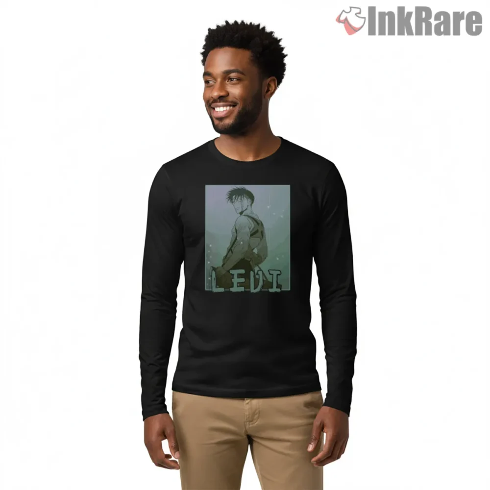 Levi Ackerman Misty Monochrome Portrait Shirt on black long sleeve shirt for men graphic tee