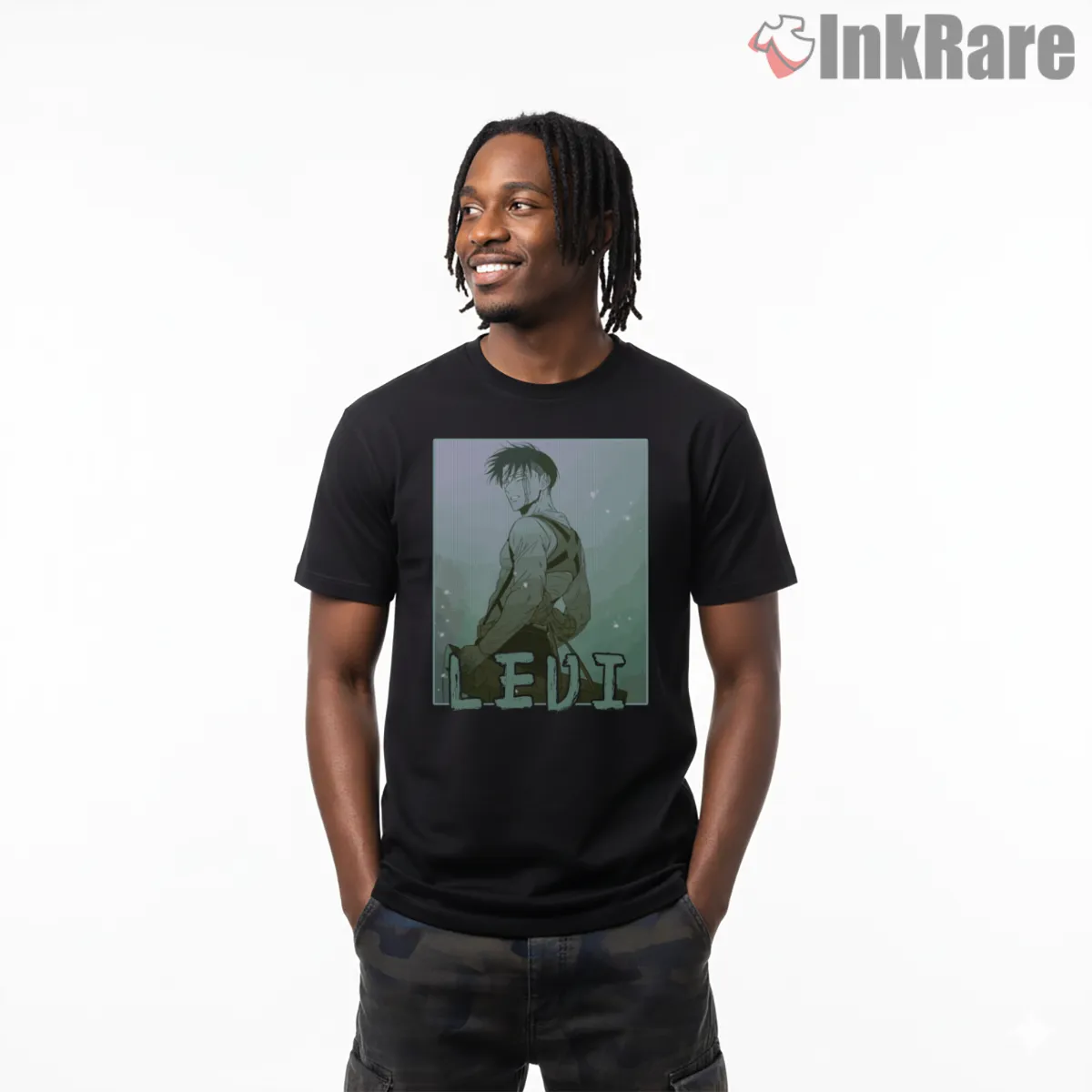 Levi Ackerman Misty Monochrome Portrait Short Sleeve Black Levi Ackerman Misty Monochrome Portrait Shirt on black short sleeve shirt for men graphic tee