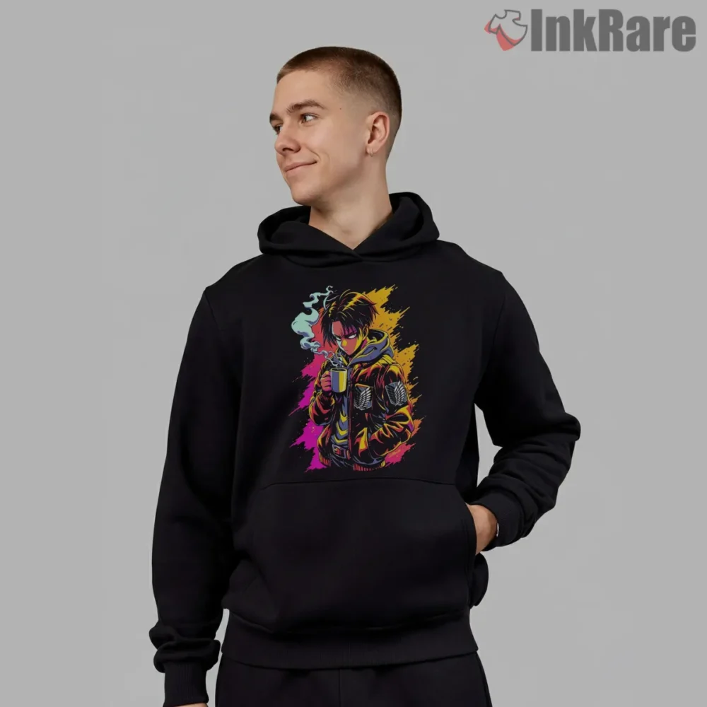 Levi Ackerman Neon Coffee Break Shirt on black hoodie for men graphic tee