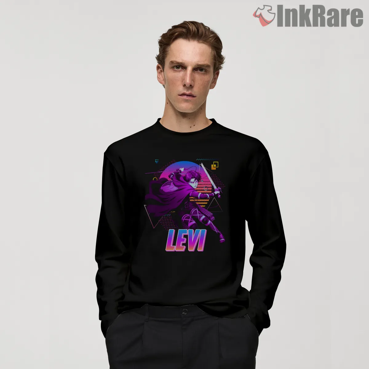 Levi Ackerman Neon Retro Arcade Shirt on black long sleeve shirt for men graphic tee