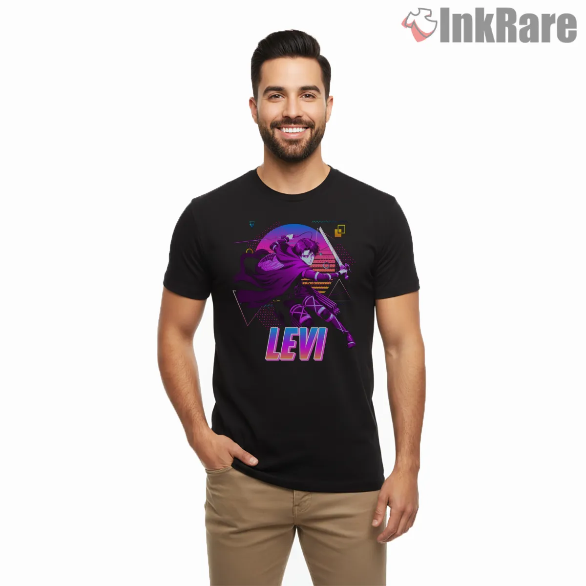 Levi Ackerman Neon Retro Arcade Short Sleeve Black Levi Ackerman Neon Retro Arcade Shirt on black short sleeve shirt for men graphic tee