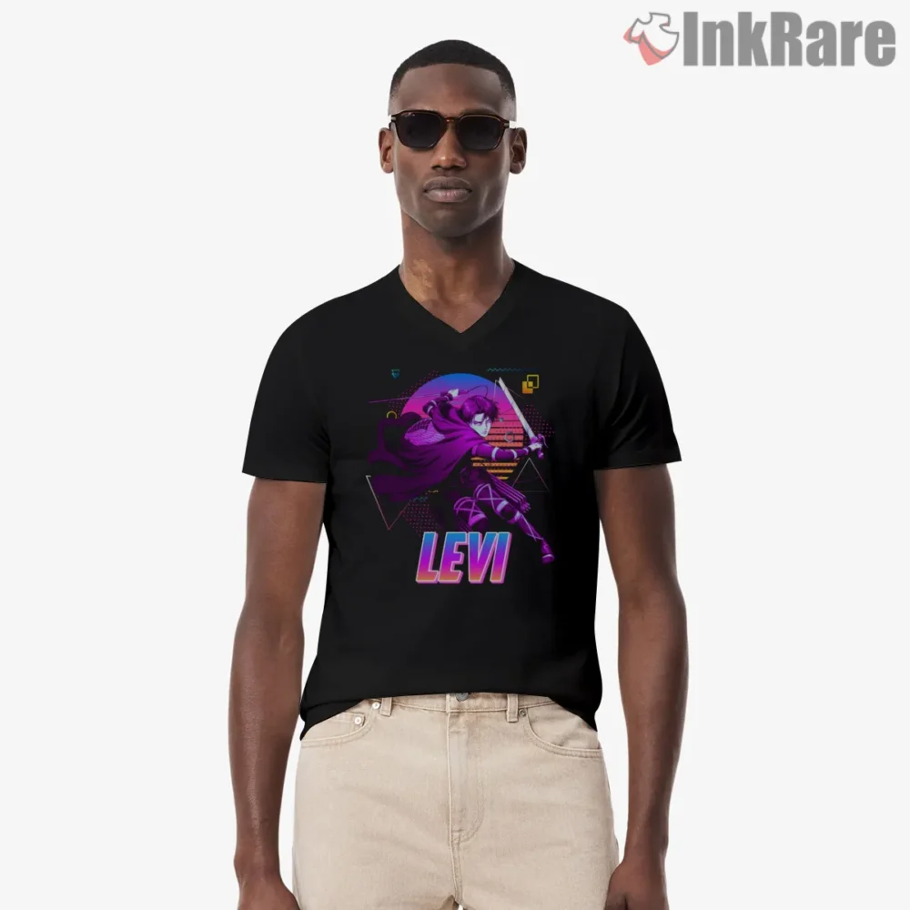 Levi Ackerman Neon Retro Arcade Shirt on black v-neck shirt for men graphic tee