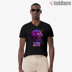 Levi Ackerman Neon Retro Arcade Shirt on black v-neck shirt for men graphic tee