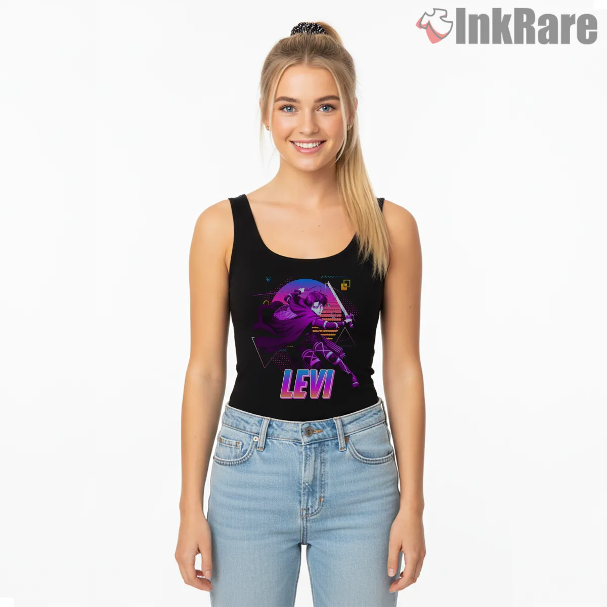 Levi Ackerman Neon Retro Arcade Tank Top Black Levi Ackerman Neon Retro Arcade Shirt on black tank top for women graphic tee