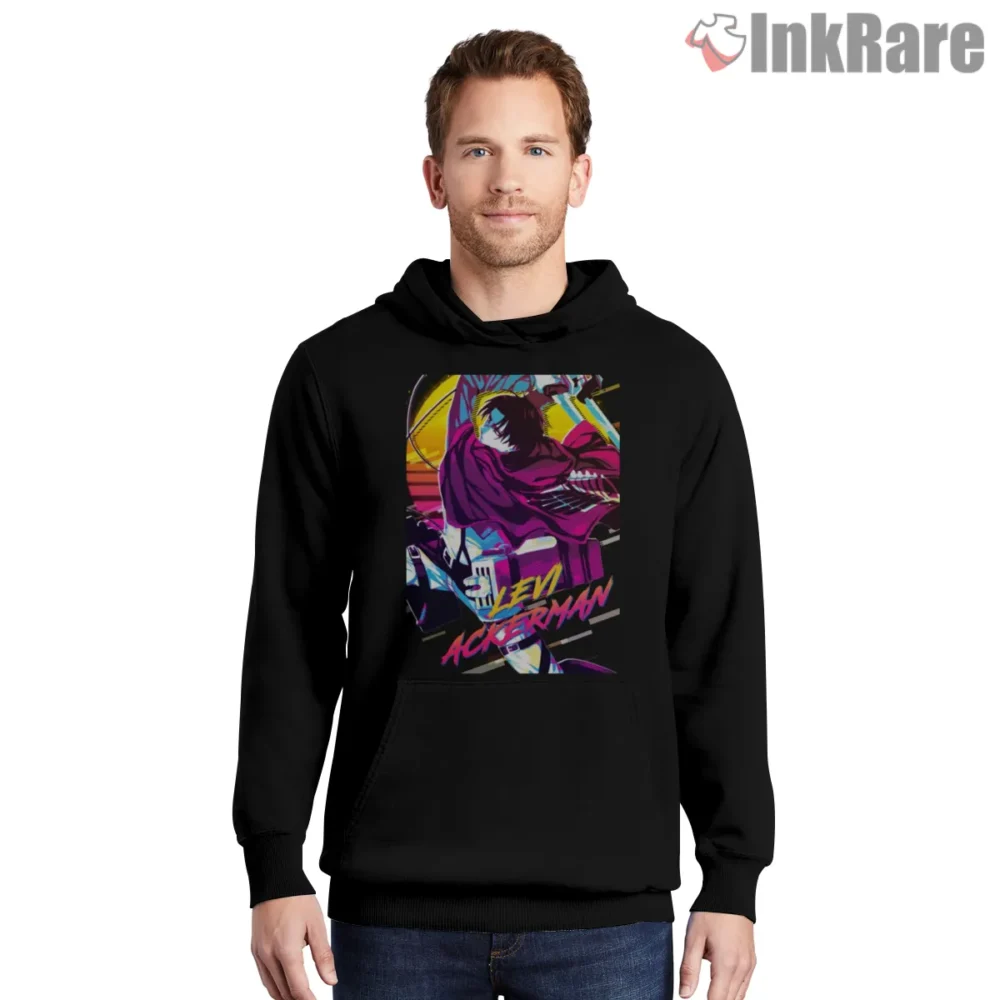 Levi Ackerman Neon Rider Street Art Shirt on black hoodie for men graphic tee