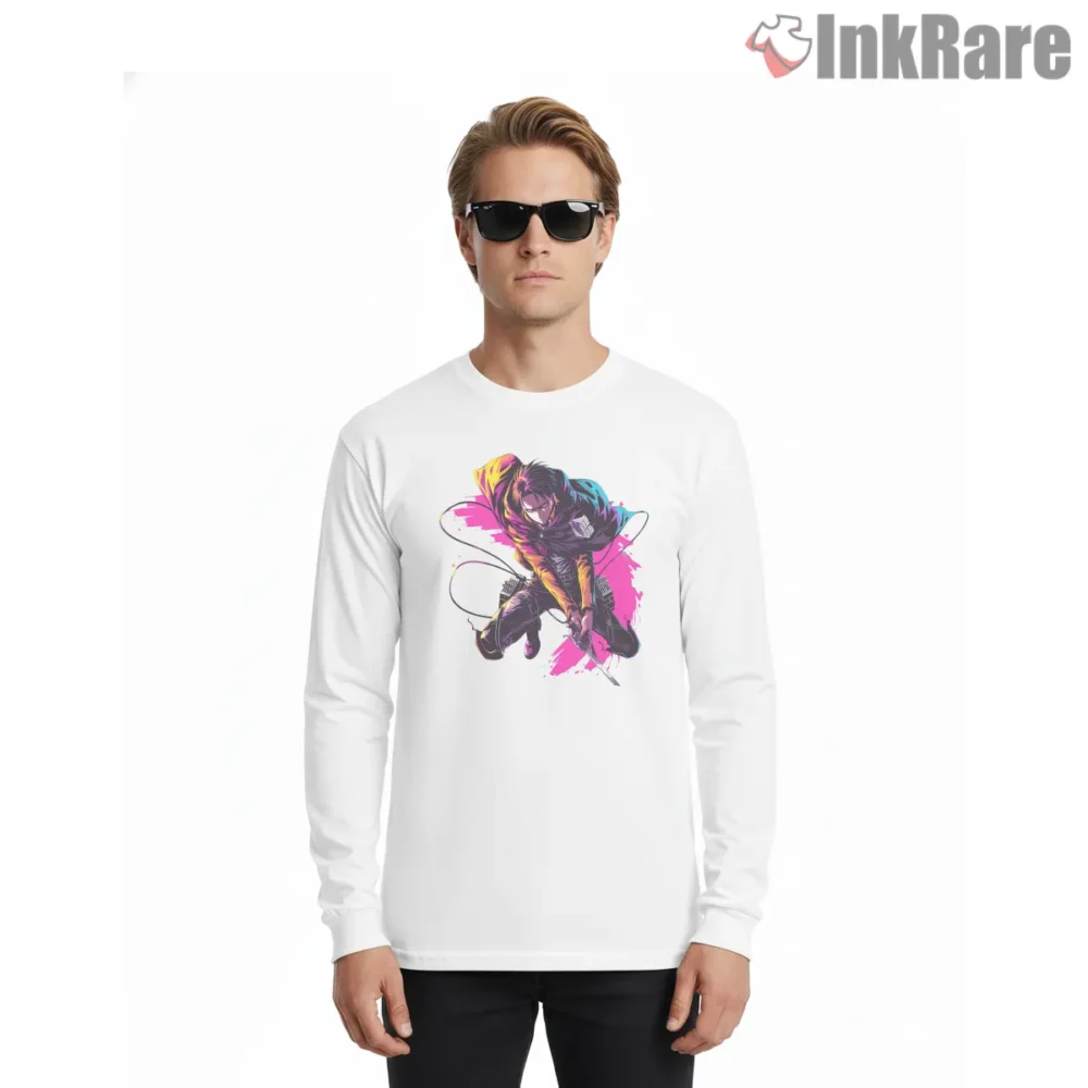 Levi Ackerman Neon Slash Action Shirt on white long sleeve shirt for men graphic tee