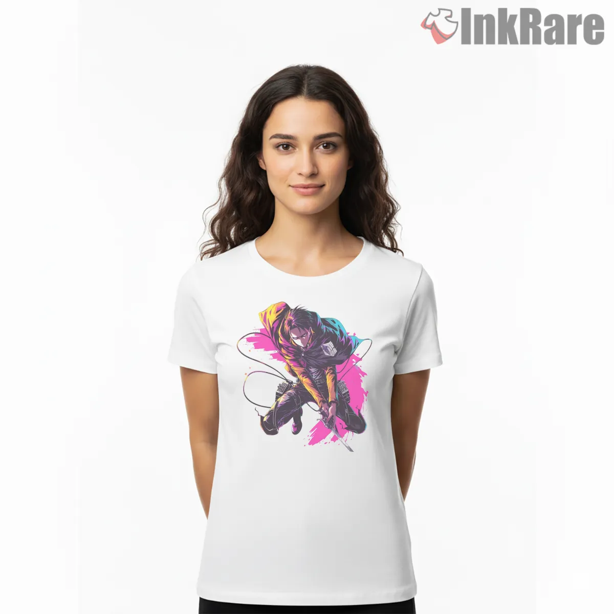 Levi Ackerman Neon Slash Action Short Sleeve White Levi Ackerman Neon Slash Action Shirt on white short sleeve shirt for women graphic tee