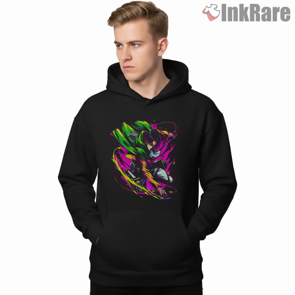 Levi Ackerman Neon Spin Attack Shirt on black hoodie for men graphic tee