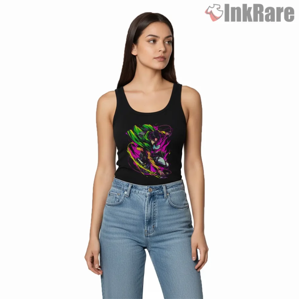 Levi Ackerman Neon Spin Attack Shirt on black tank top for women graphic tee