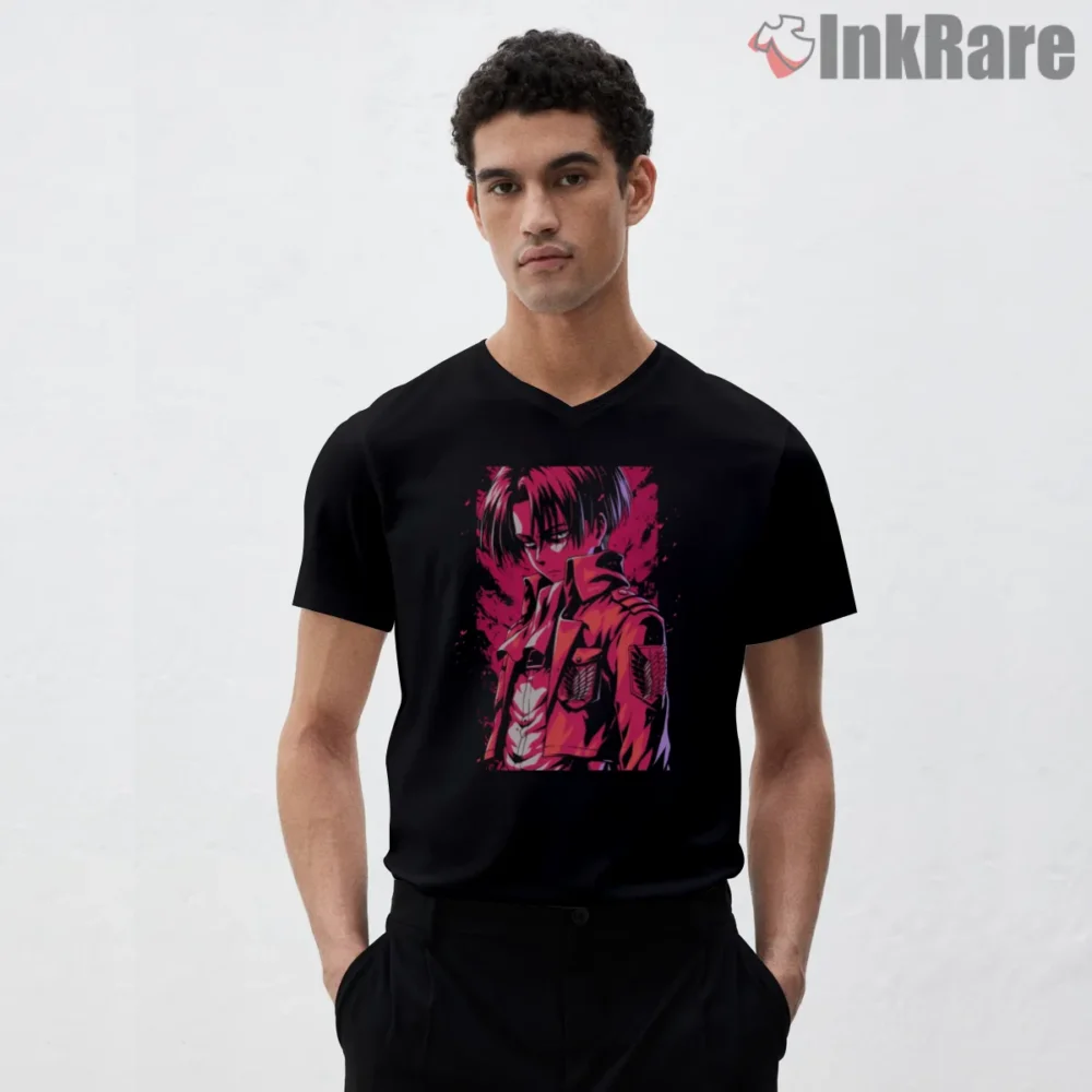 Levi Ackerman Neon Street Slayer Shirt on black v-neck shirt for men graphic tee