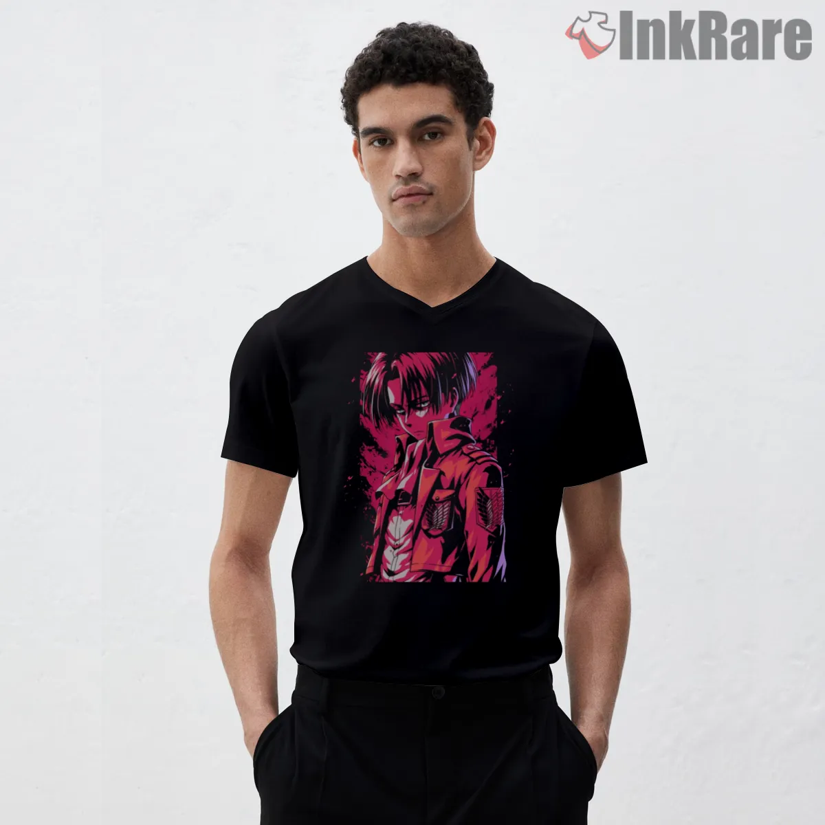 Levi Ackerman Neon Street Slayer V Neck Black Levi Ackerman Neon Street Slayer Shirt on black v-neck shirt for men graphic tee