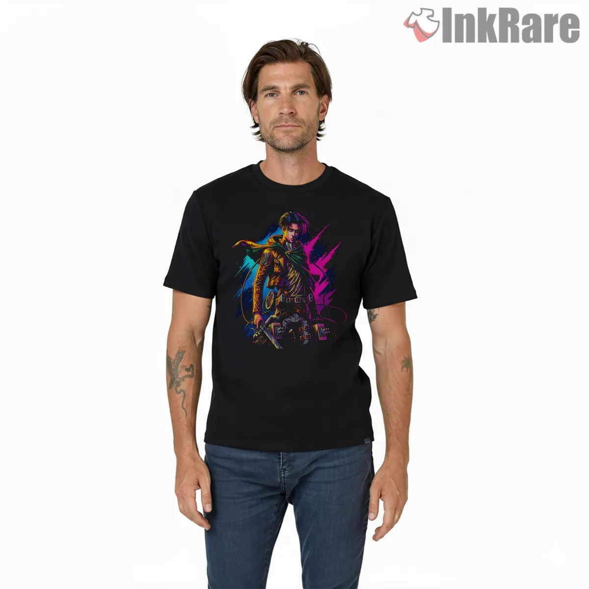 Levi Ackerman Neon Street Wings Short Sleeve Black Levi Ackerman Neon Street Wings Shirt on black short sleeve shirt for men graphic tee
