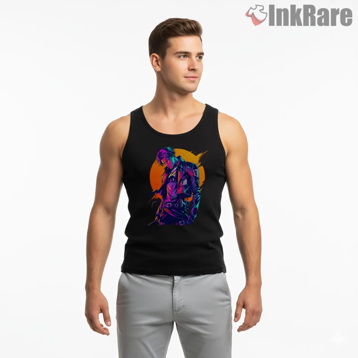 Levi Ackerman Neon Sunrise Street Style Tank Top Black Levi Ackerman Neon Sunrise Street Style Shirt on black tank top for men graphic tee
