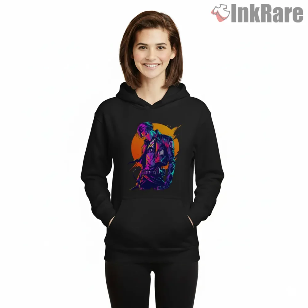 Levi Ackerman Neon Sunrise Street Style Shirt on black hoodie for women graphic tee
