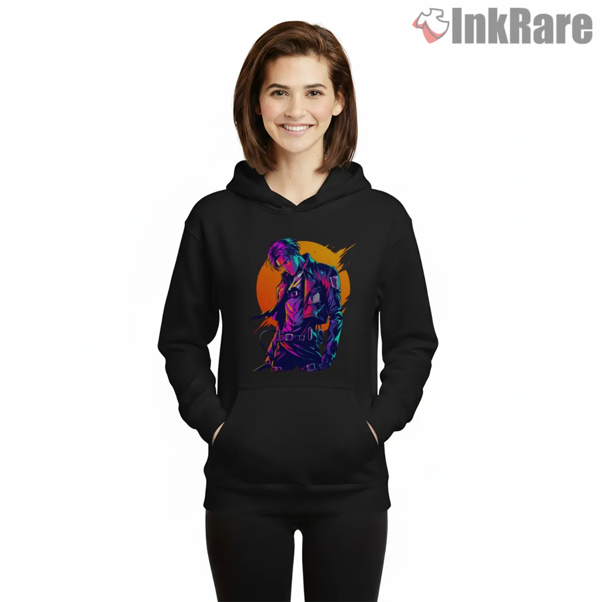 Levi Ackerman Neon Sunrise Street Style Hoodie Black Levi Ackerman Neon Sunrise Street Style Shirt on black hoodie for women graphic tee