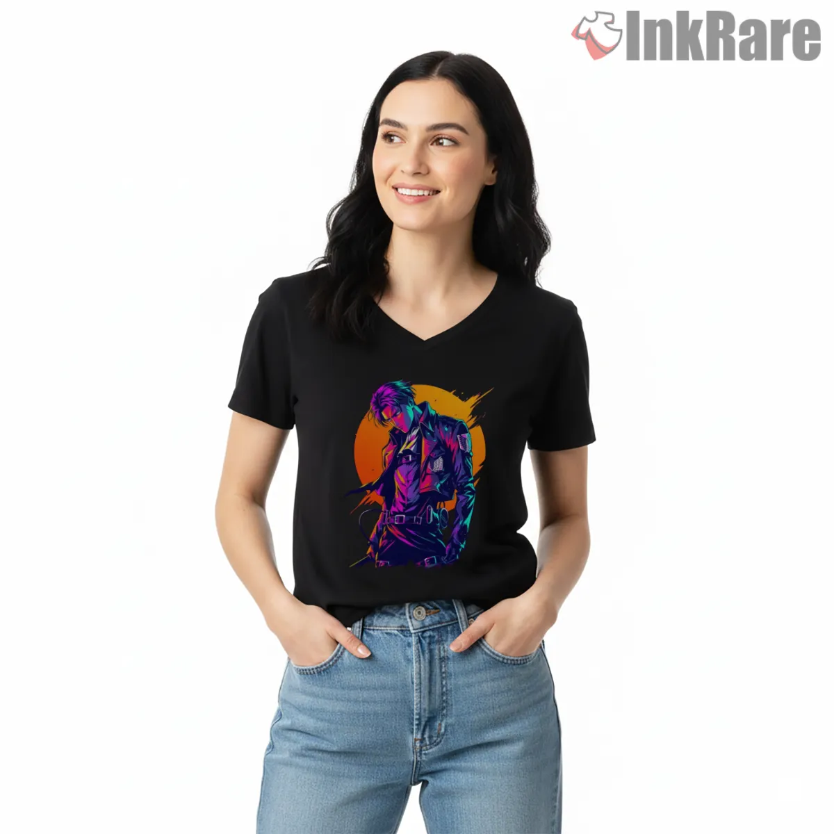 Levi Ackerman Neon Sunrise Street Style V Neck Black Levi Ackerman Neon Sunrise Street Style Shirt on black v-neck shirt for women graphic tee