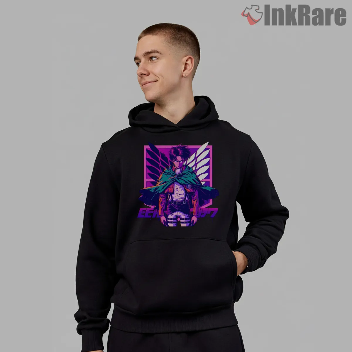 Levi Ackerman Neon Wings Hero Shirt on black hoodie for men graphic tee