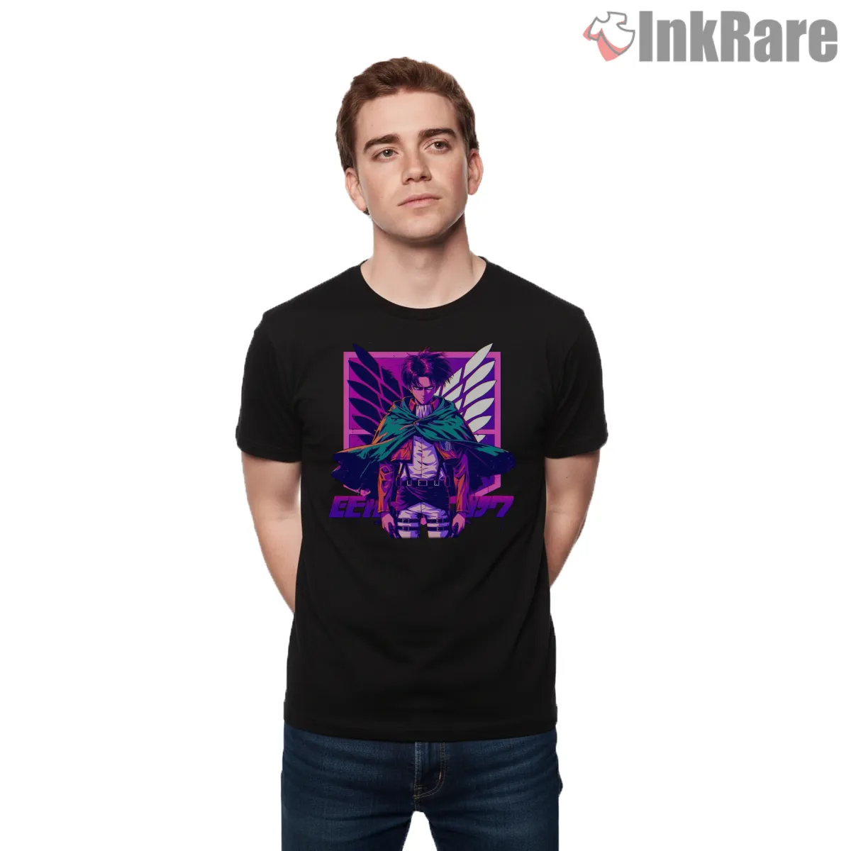 Levi Ackerman Neon Wings Hero Short Sleeve Black Levi Ackerman Neon Wings Hero Shirt on black short sleeve shirt for men graphic tee