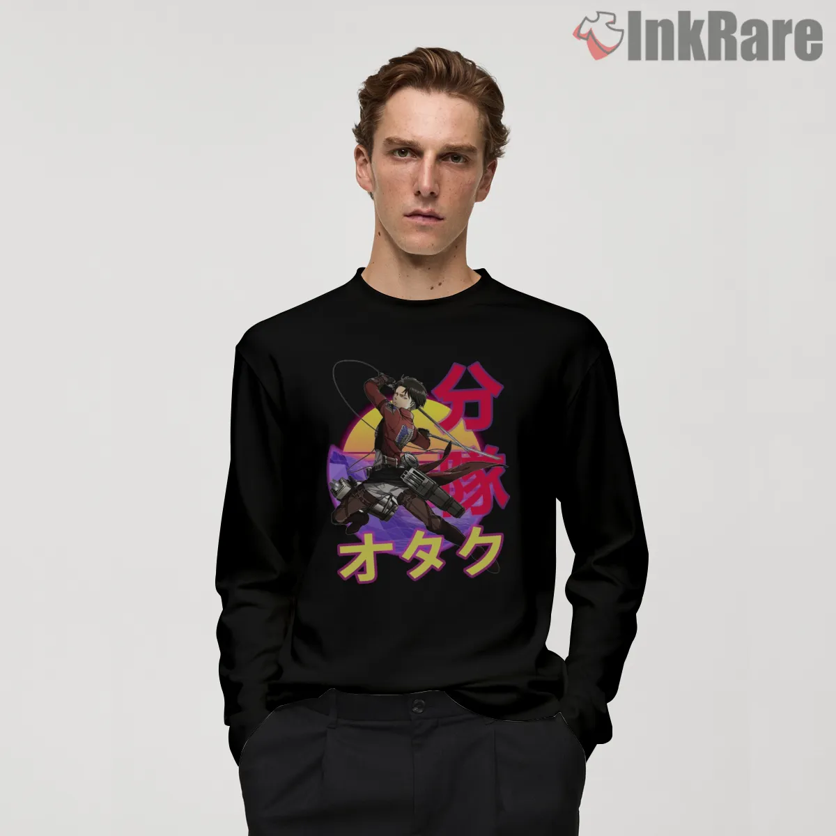 Levi Ackerman Otaku Sunset Flight Shirt on black long sleeve shirt for men graphic tee
