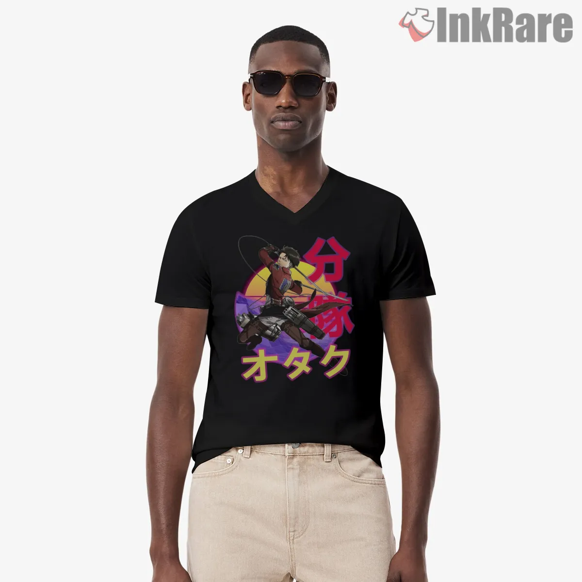 Levi Ackerman Otaku Sunset Flight V Neck Black Levi Ackerman Otaku Sunset Flight Shirt on black v-neck shirt for men graphic tee