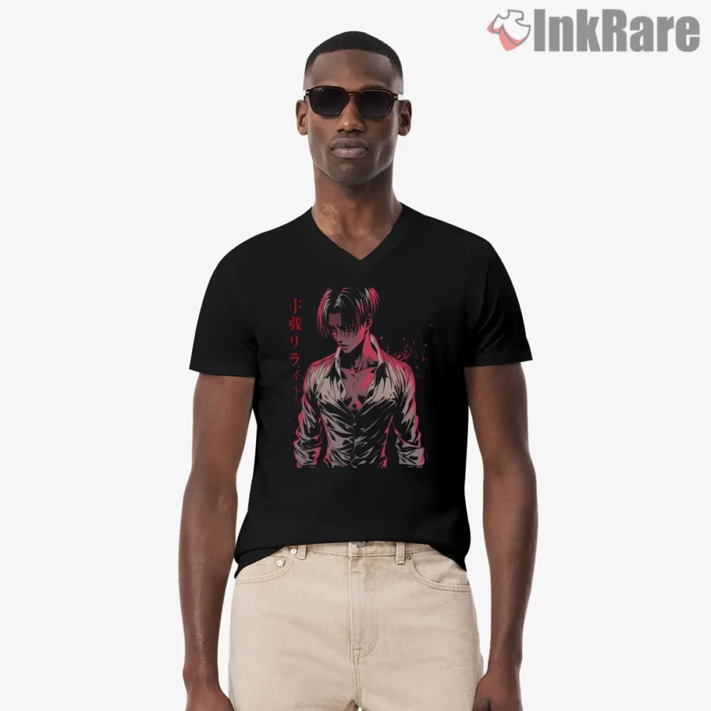 Levi Ackerman Pink Noir Portrait Shirt on black v-neck shirt for men graphic tee