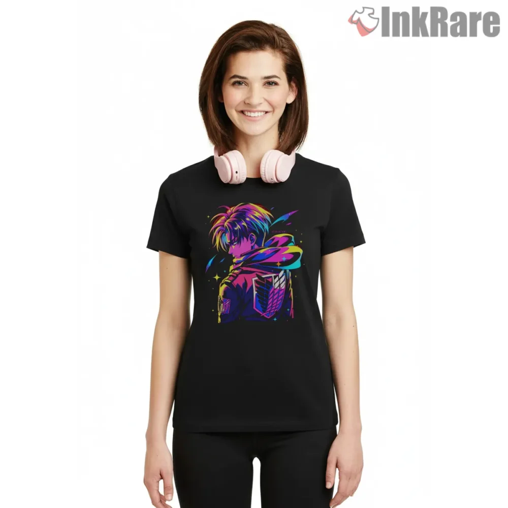 Levi Ackerman Rainbow Neon Scout Shirt on black short sleeve shirt for women graphic tee
