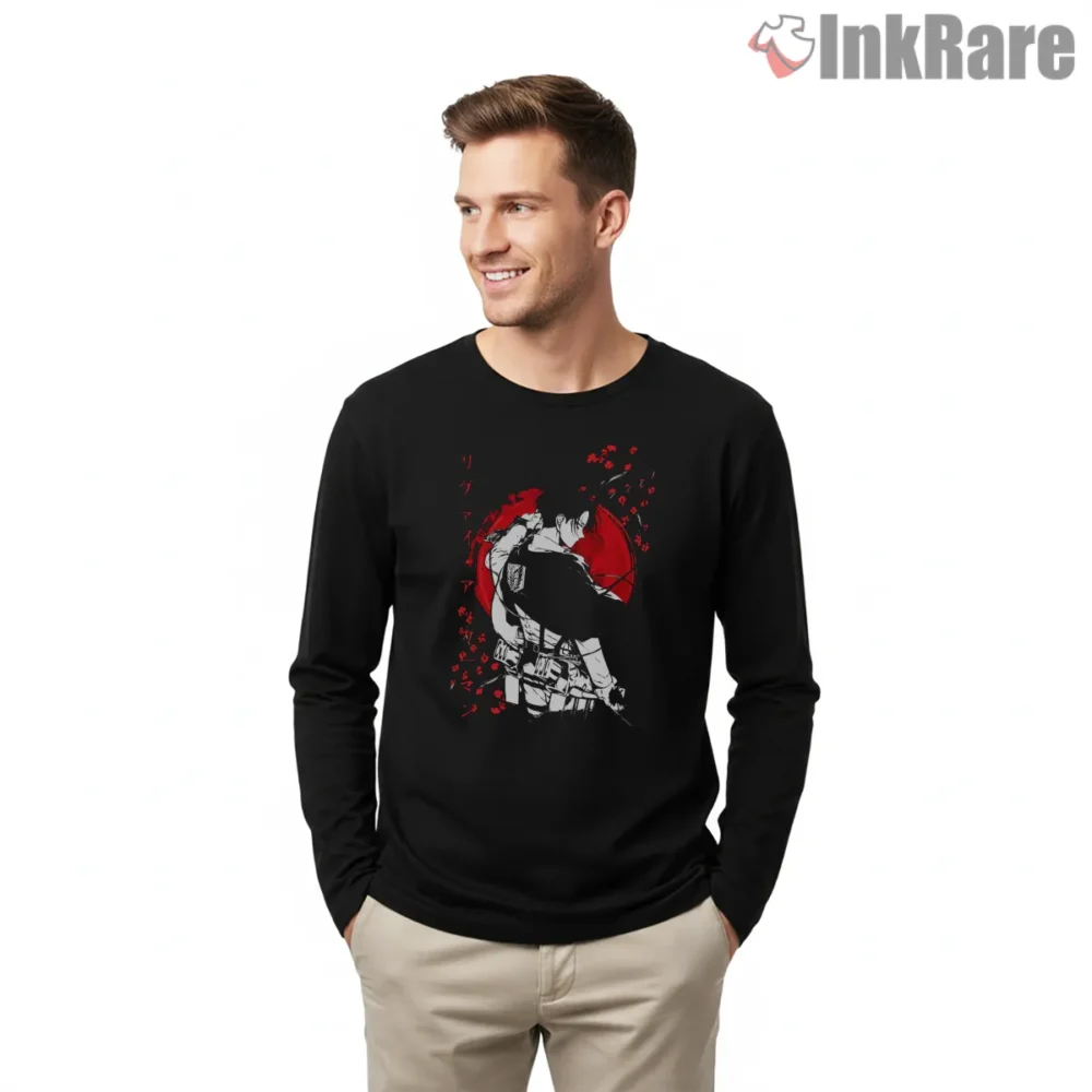 Levi Ackerman Red Moon Katakana Art Shirt on black long sleeve shirt for men graphic tee