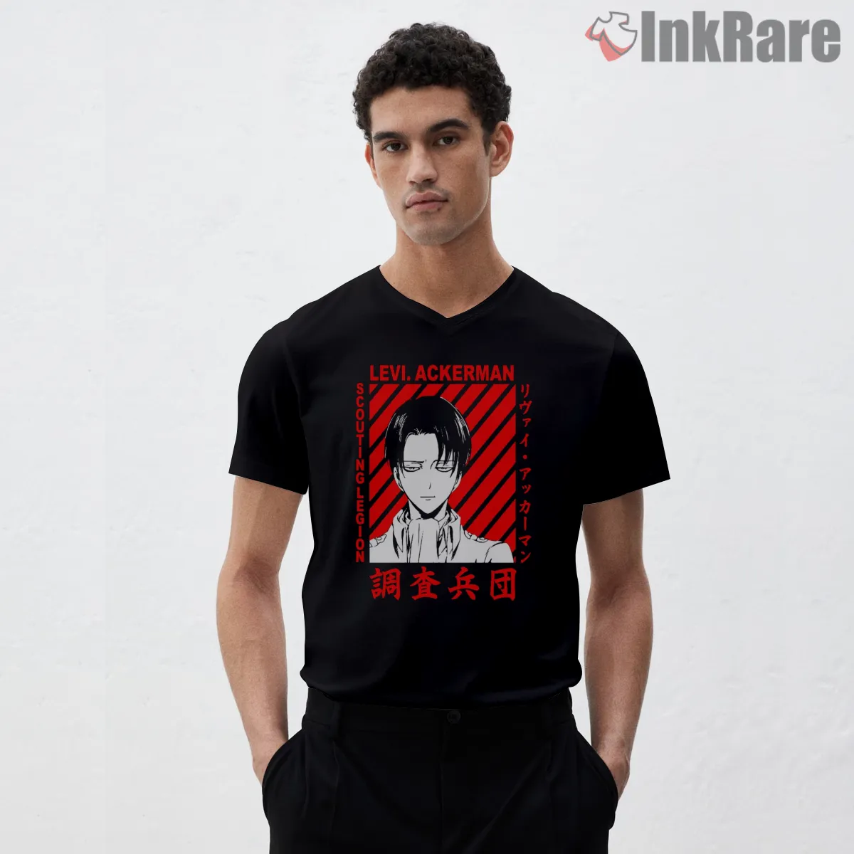 Levi Ackerman Red Stripes Scouting Legion Shirt on black v-neck shirt for men graphic tee