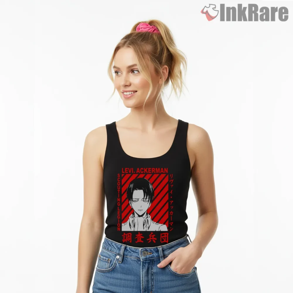 Levi Ackerman Red Stripes Scouting Legion Shirt on black tank top for women graphic tee