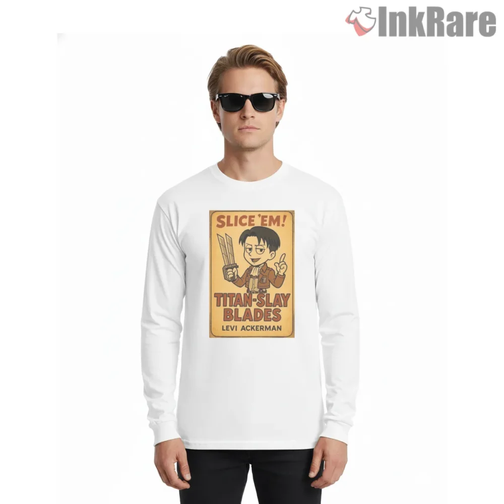 Levi Ackerman Titan Slay Blades Vintage Card Shirt on white long sleeve shirt for men graphic tee