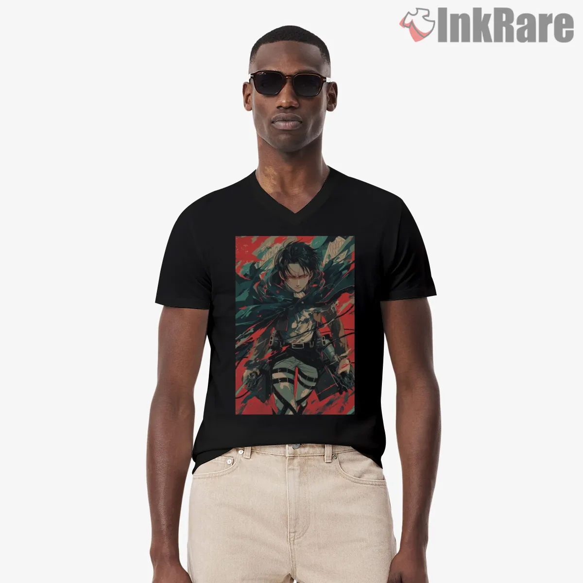 Levi Ackerman Titan Slayer Boss Mode V Neck Black Levi Ackerman Titan Slayer Boss Mode Shirt on black v-neck shirt for men graphic tee