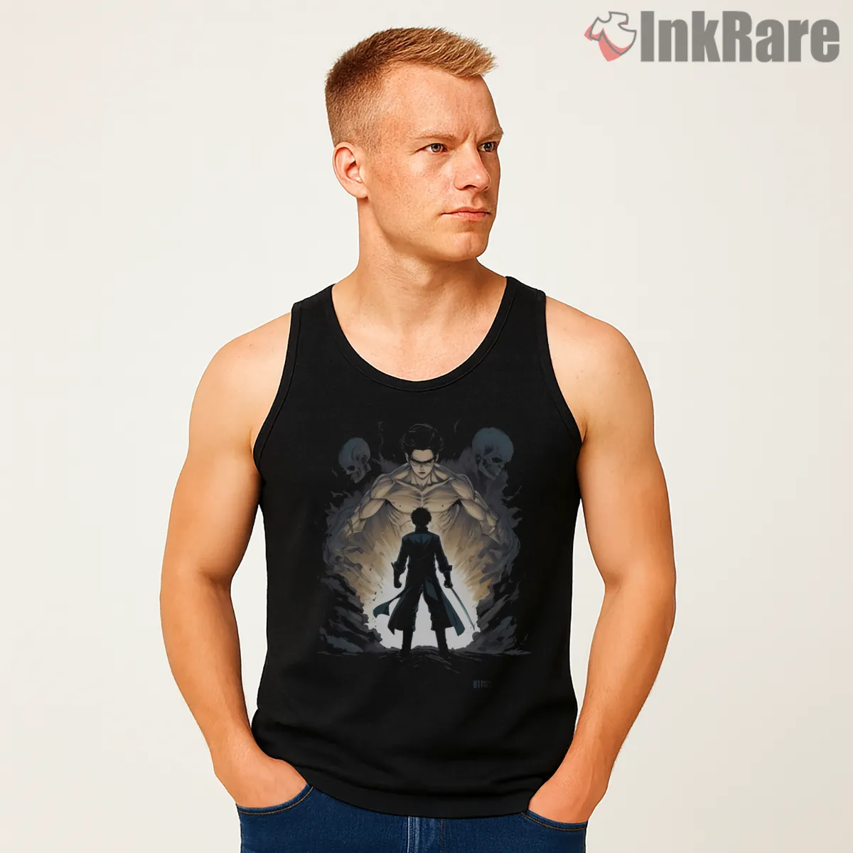 Levi Ackerman Versus Titan Shadow Tank Top Black Levi Ackerman Versus Titan Shadow Shirt on black tank top for men graphic tee