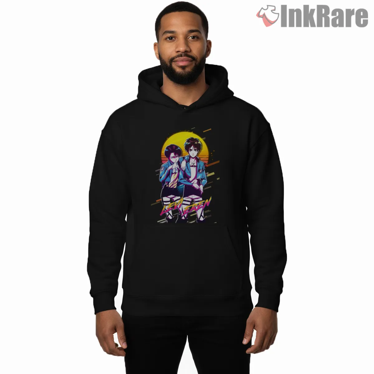 Levi And Eren Retro Sunset Duo Shirt on black hoodie for men graphic tee