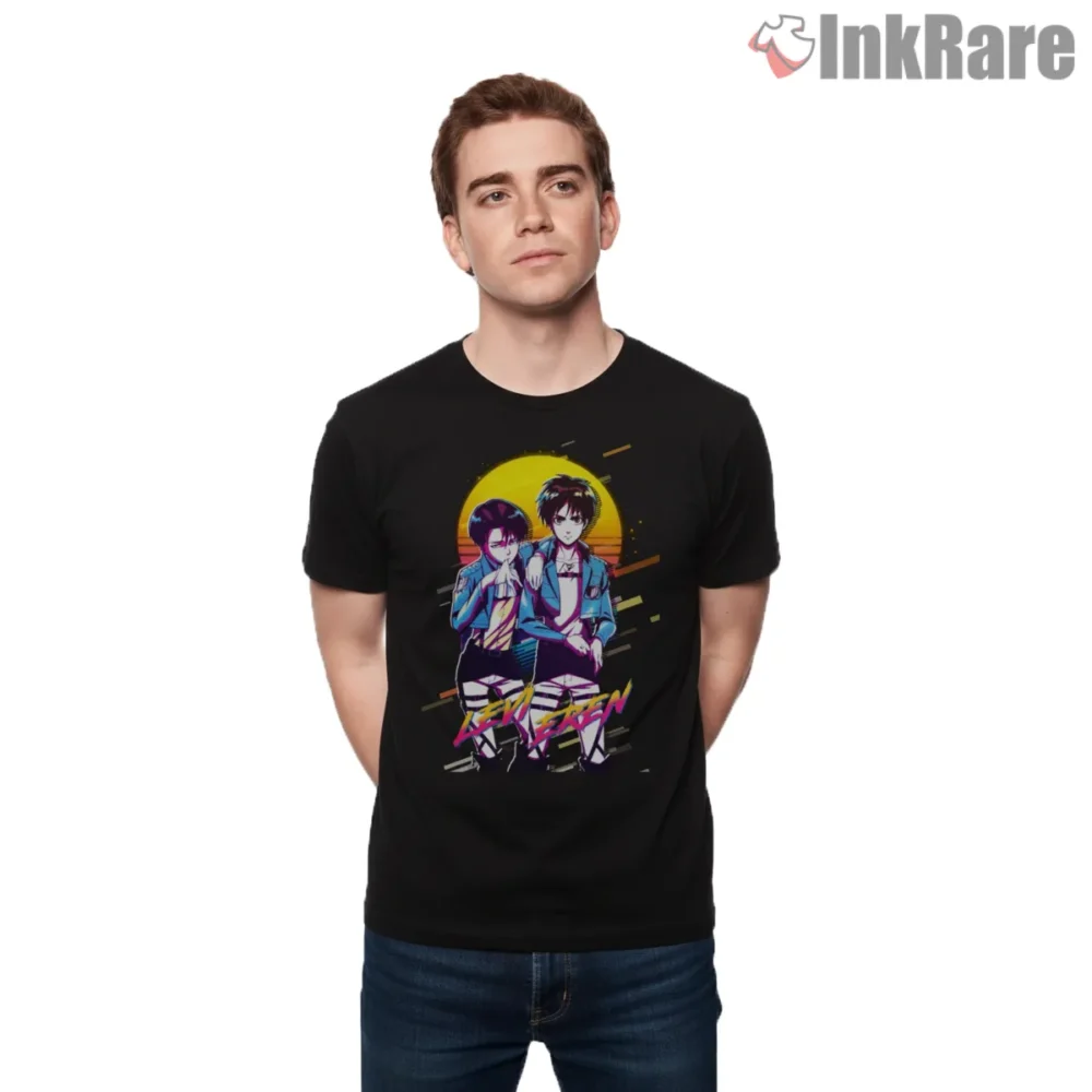 Levi And Eren Retro Sunset Duo Shirt on black short sleeve shirt for men graphic tee