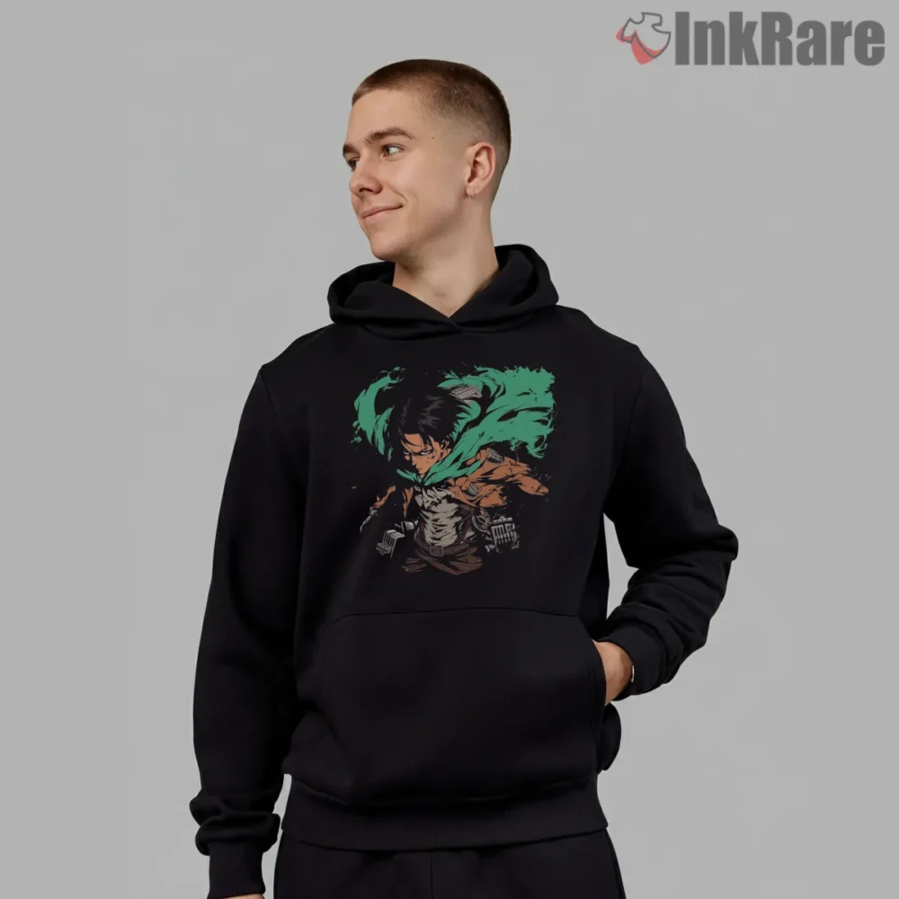 Levi Emerald Cloak Battle Sweep Shirt on black hoodie for men graphic tee