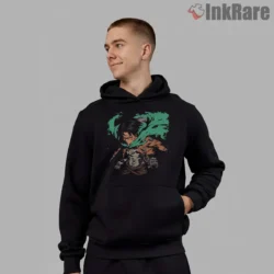 Levi Emerald Cloak Battle Sweep Shirt on black hoodie for men graphic tee