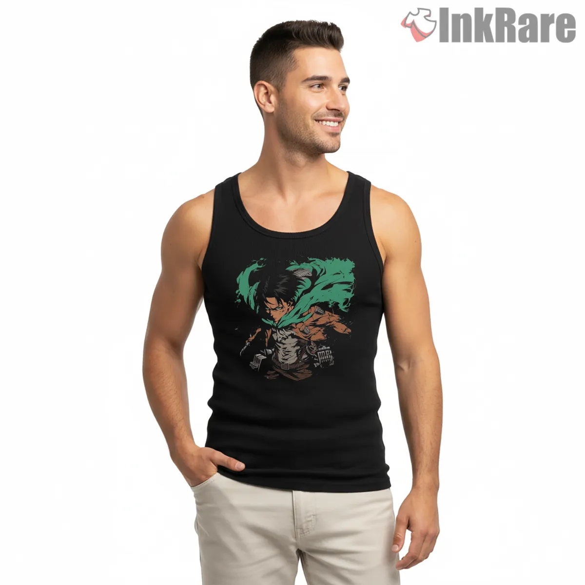 Levi Emerald Cloak Battle Sweep Tank Top Black Levi Emerald Cloak Battle Sweep Shirt on black tank top for men graphic tee